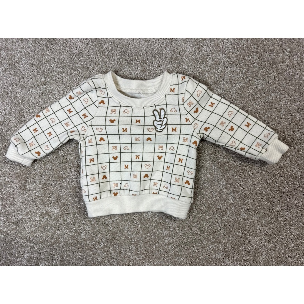 Disney Baby Mickey Mouse Peace Sign Grid Print Sweatshirt Cream NB